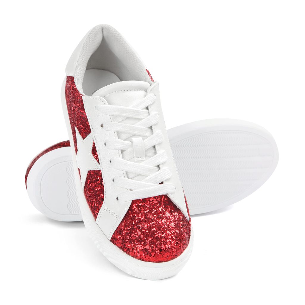 PARTY Women's Fashion Sneaker Lace Up Low Top Comfortable Cushioned Walking Shoes,Podcast,RED Glitter,8
