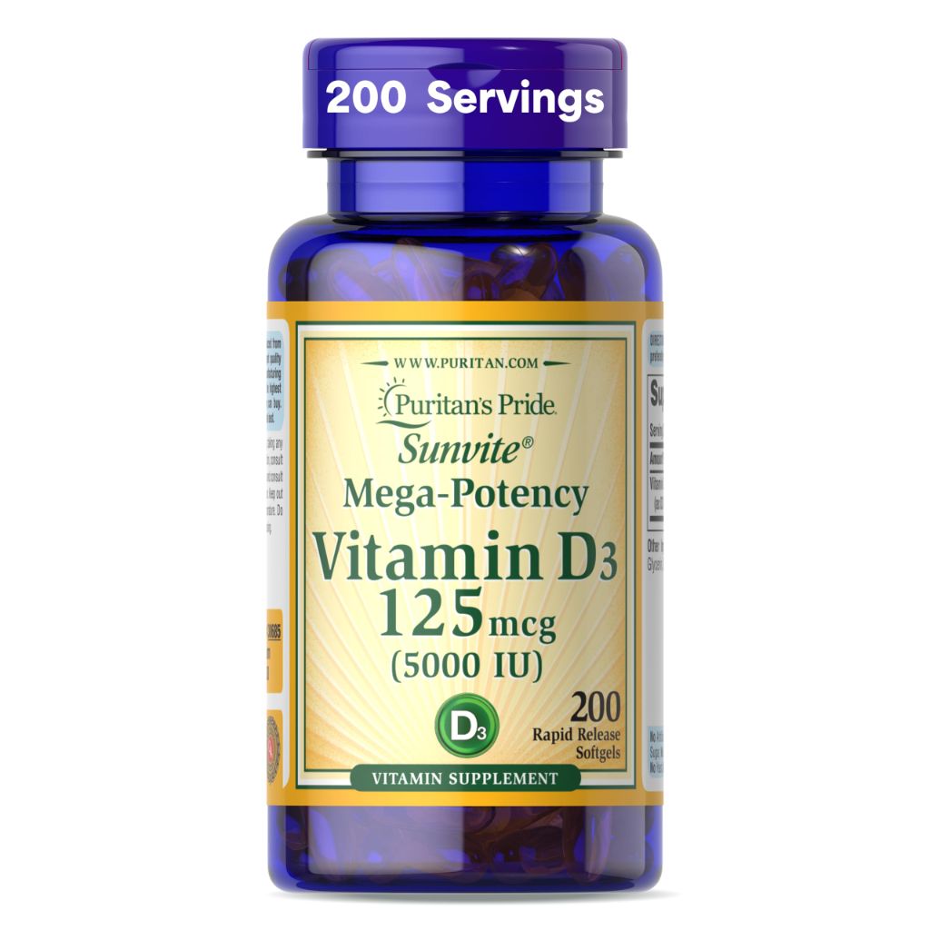 Puritan's Pride Premium Sunvite™ Mega-Potency Vitamin D3 5,000 IU, 200 Rapid Release Softgels (Packaging May Vary)