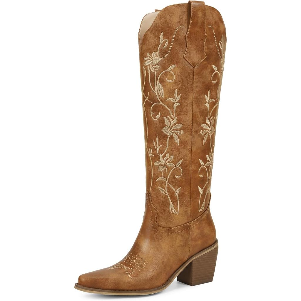 Wetkiss Cowboy Boots for Women Knee High Cowgirl Boots Retro Embroidered Chunky Heels Pointed Toe Western Long Tall Boot Pull On