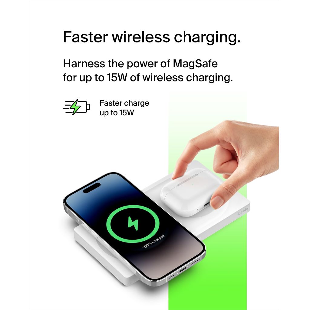 Belkin 2-in-1 Wireless Charging Pad with MagSafe 15W, Fast Charging iPhone Charger - Wireless Charging Station for iPhone 17, 16, 15, and 14 Series, AirPods, and Other MagSafe Enabled Devices - White