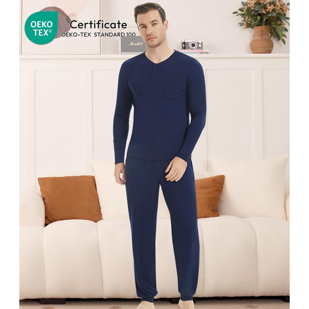 SZ XXL, NACHILA Mens Pajamas Set Long Sleeve Henley Sleepwear, Bamboo Navy Blue XXL