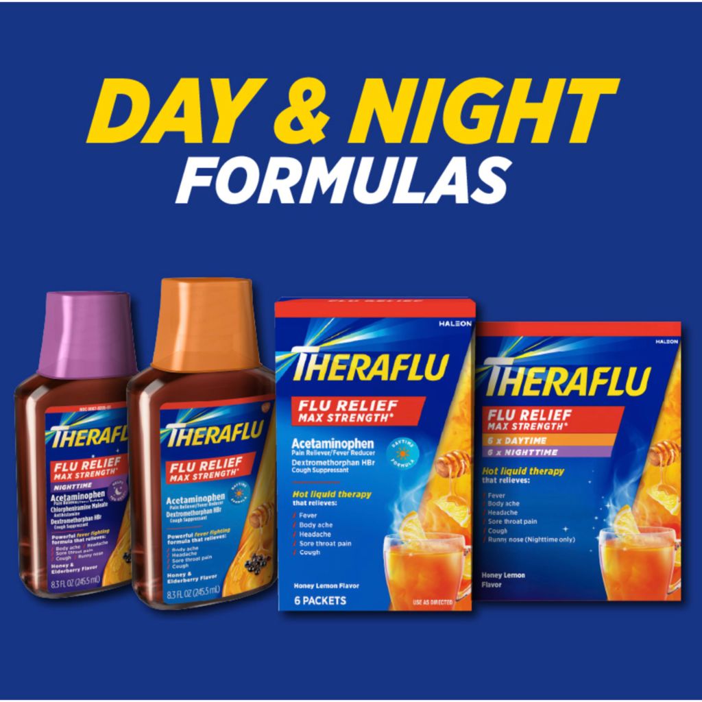 Theraflu Max Strength Daytime Flu Symptom Relief, Honey and Elderberry Syrup, 8.3 Fl Oz and Nighttime Flu Symptom Relief, Honey Lemon Flavor - 6 Count