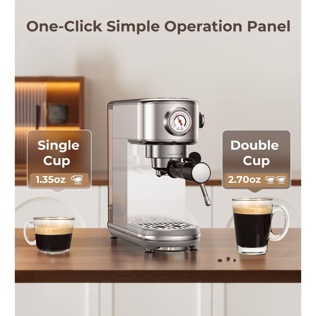 Atatix Espresso Machine with Milk Frother, 20 Bar Pressure Espresso Maker, with 44OZ Removable Tank, Compact Stainless Steel Coffee Machine for Home, Office, Latte, Cappuccino, Macchiato, Silver