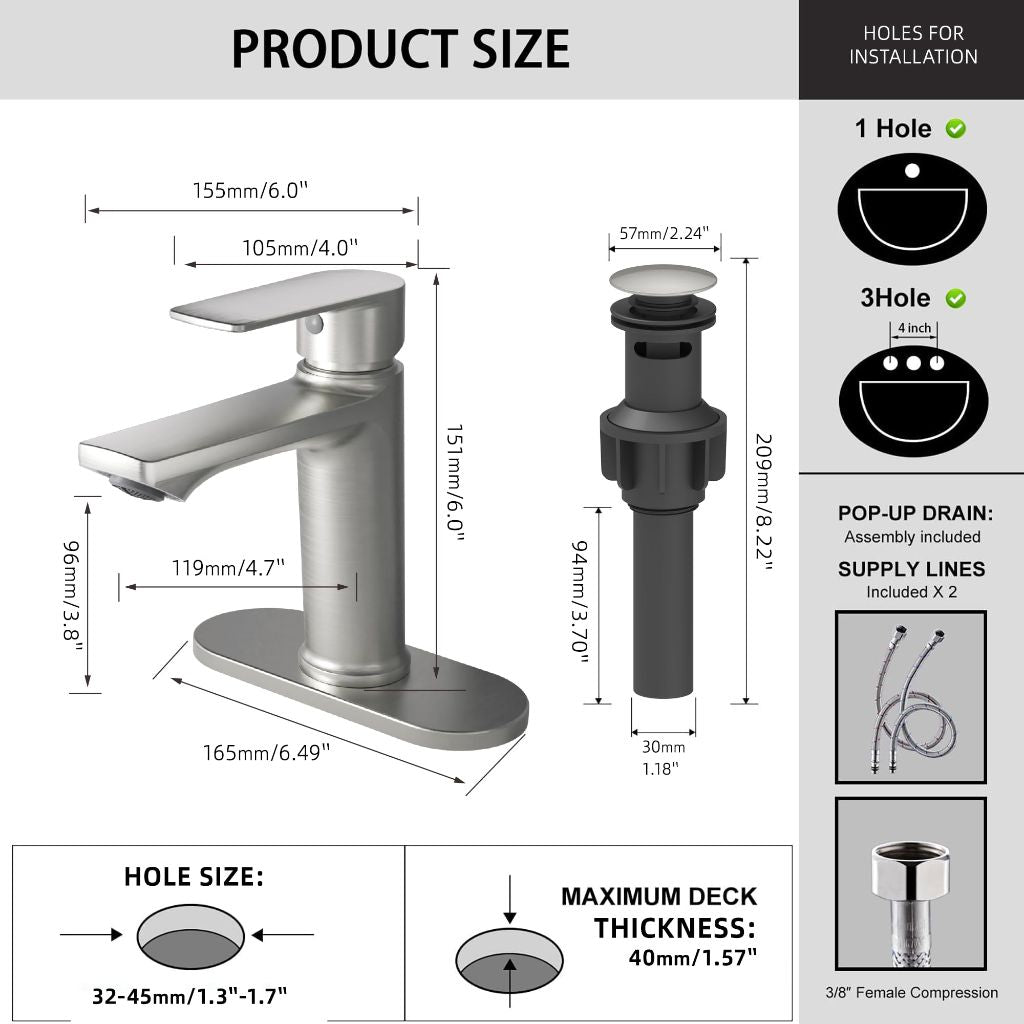 BELZ Brushed Nickel Bathroom Faucet, Modern Single Handle One Hole Bath Vanity Sink Faucet with Pop Up Drain and Deck Plate for 1 or 3 Holes
