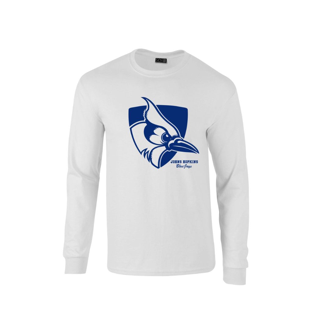 Johns Hopkins University College Long Sleeve 100% Cotton Tee, White, XL