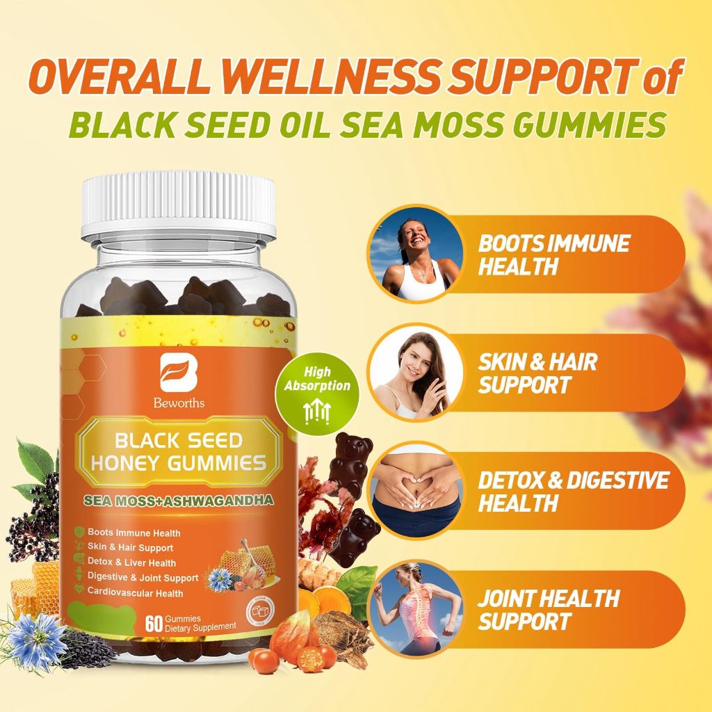 (2 Pack) Black Seed Oil Sea Moss Gummies with Ashwagandha, Burdock Root, Linden Honey, Elderberry Vegan Gummies 120