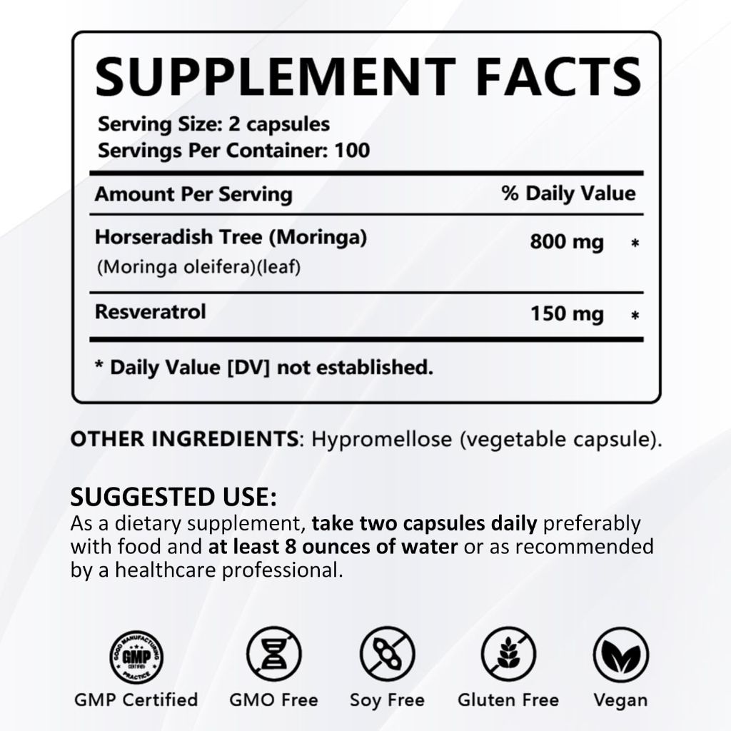 PWERD - Organic Moringa Pure Powder Oleifera Leaf Capsules, 200 Count