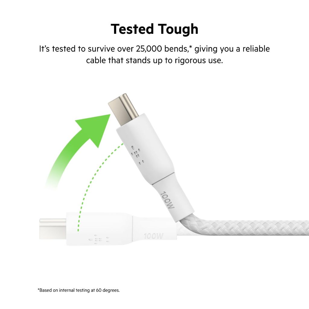 Belkin USB C to USB C Cable, 9.9ft, 100W - Soft, Braided - White