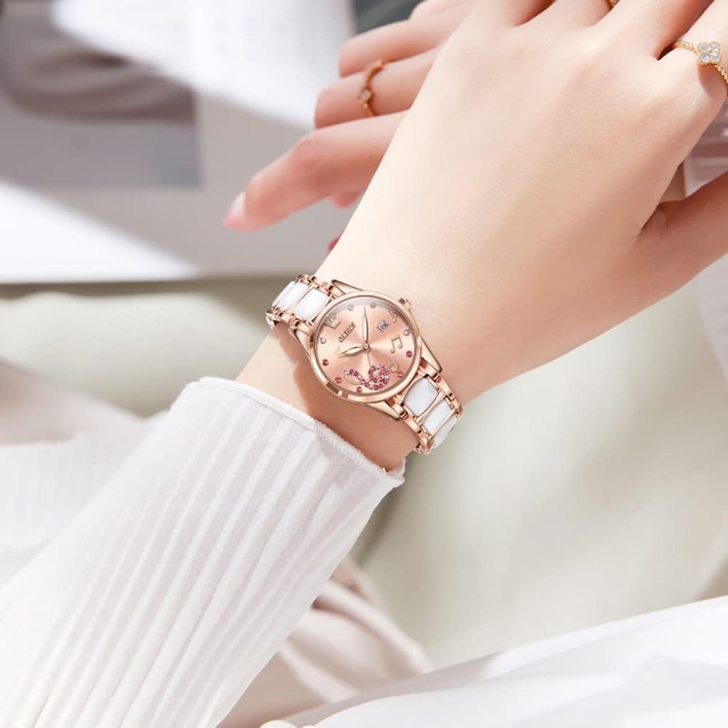 OLEVS Watch for Women Rose Gold Ladies Ceramic Luxury Elegant Note Fashion 3ATM Date Waterproof Luminous Pink Valentine's Day Present Bracelet