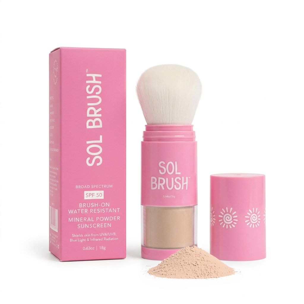 Sol Brush SPF 50 Mineral Sunscreen Powder, Broad Spectrum UVA/UVB Protection Sunscreen, Pink, Fair