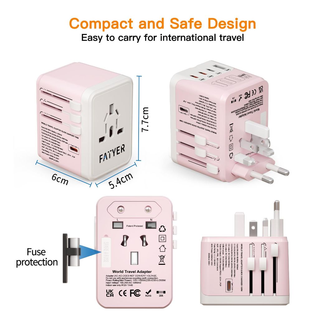 FATYER Universal Travel Adapter, 120w GaN International Plug Adapter - Pink