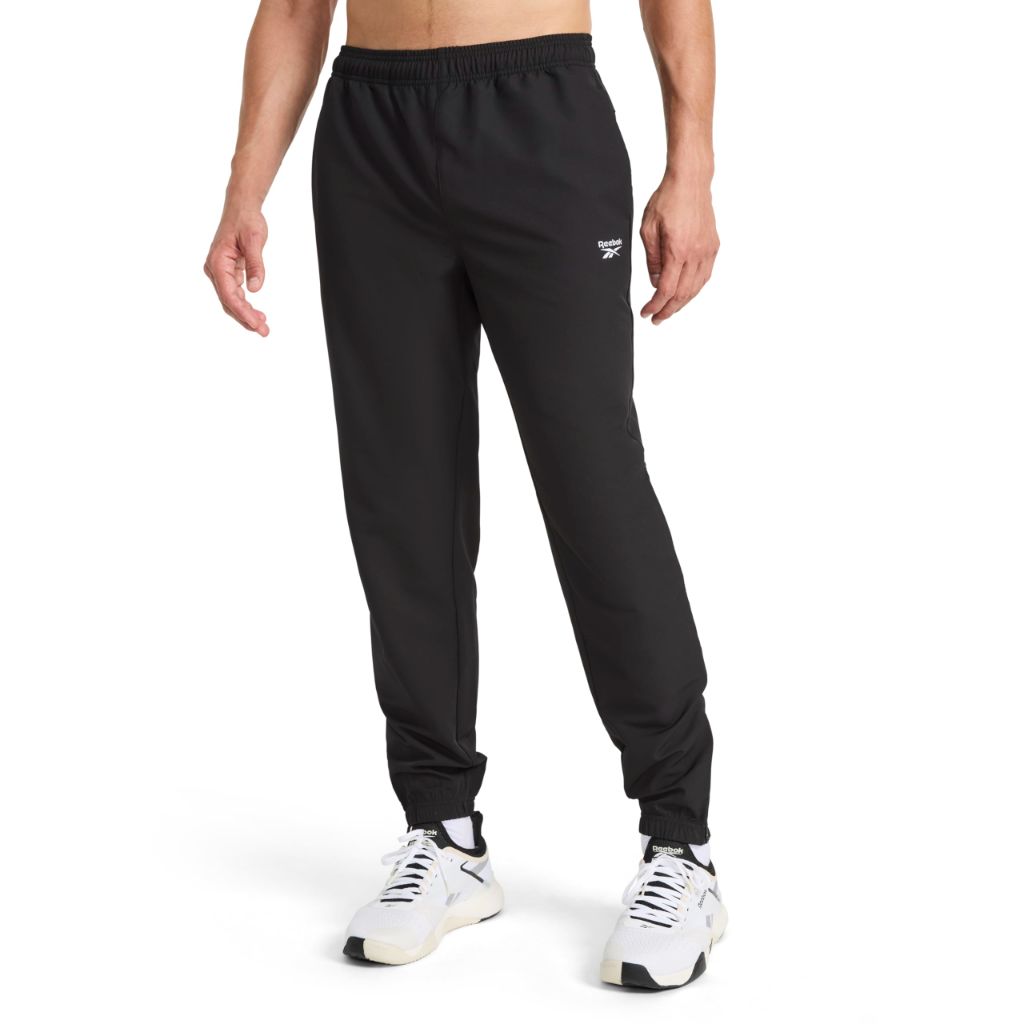 SZ L30",  Reebok Men’s Repeat Woven Pant, Standard Fit, Lightweight Stretch Poly-Blend Fabric | Black