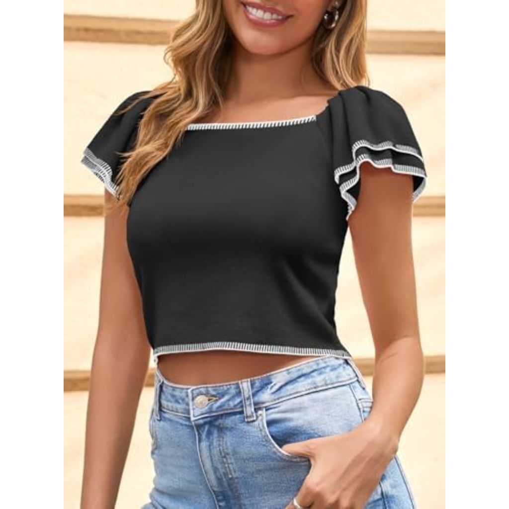 Saodimallsu Women's Square Neck Ruffle Short Sleeve Cropped Sweater