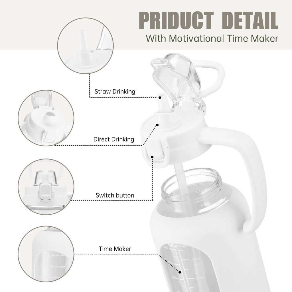 42 oz Glass Tumbler with Straw and Lid Reusable Glass Water Bottles with Handle (cream)