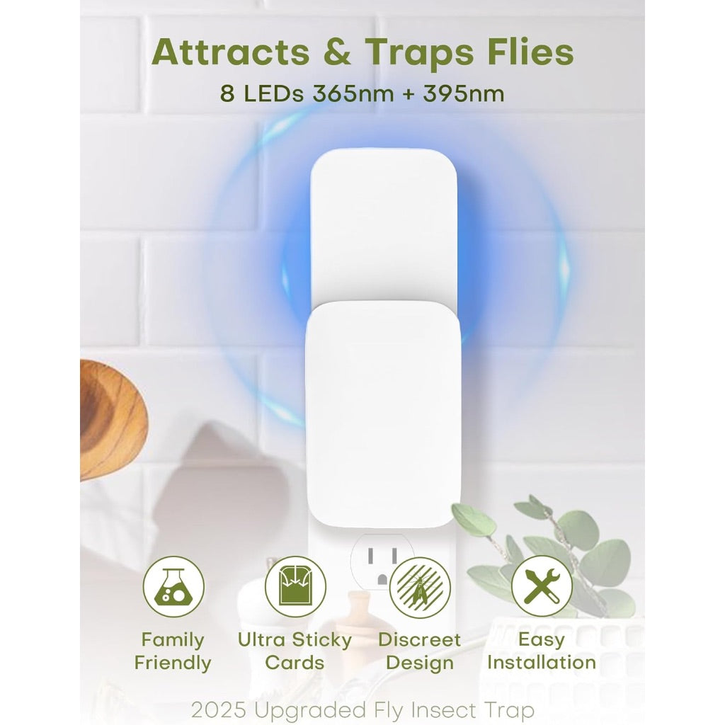 Flying Insect Trap Indoor - Plug-in Fly Catcher and Killers Includes Refills for House Flies, Fruit Flies, Gnats,and Moths, Bug Light Killer, Cover up to 600 ft², Off-White, 2 Traps + 8 Refills