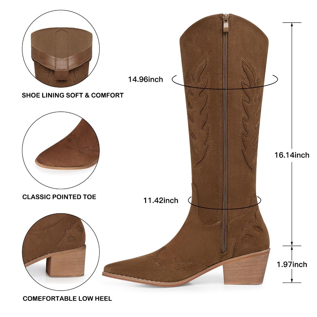SHIBEVER Suede Knee High Cowboy Boots for Women, Zipper, Low Heel