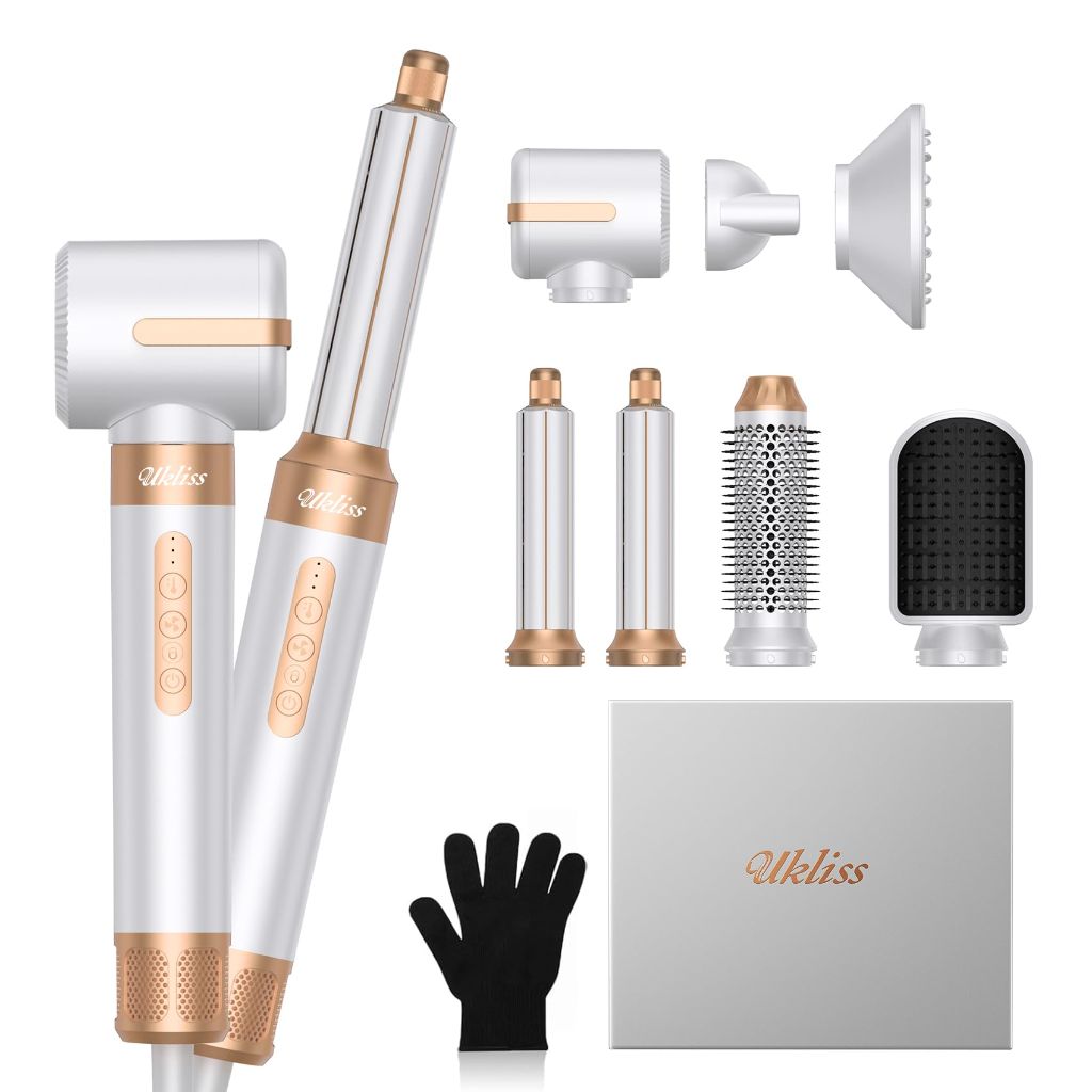 UKLISS Hair Dryer Brush 7 in 1，110000 RPM Hair Dryer with Diffuser for Curly & Twisted Hair - White Gold