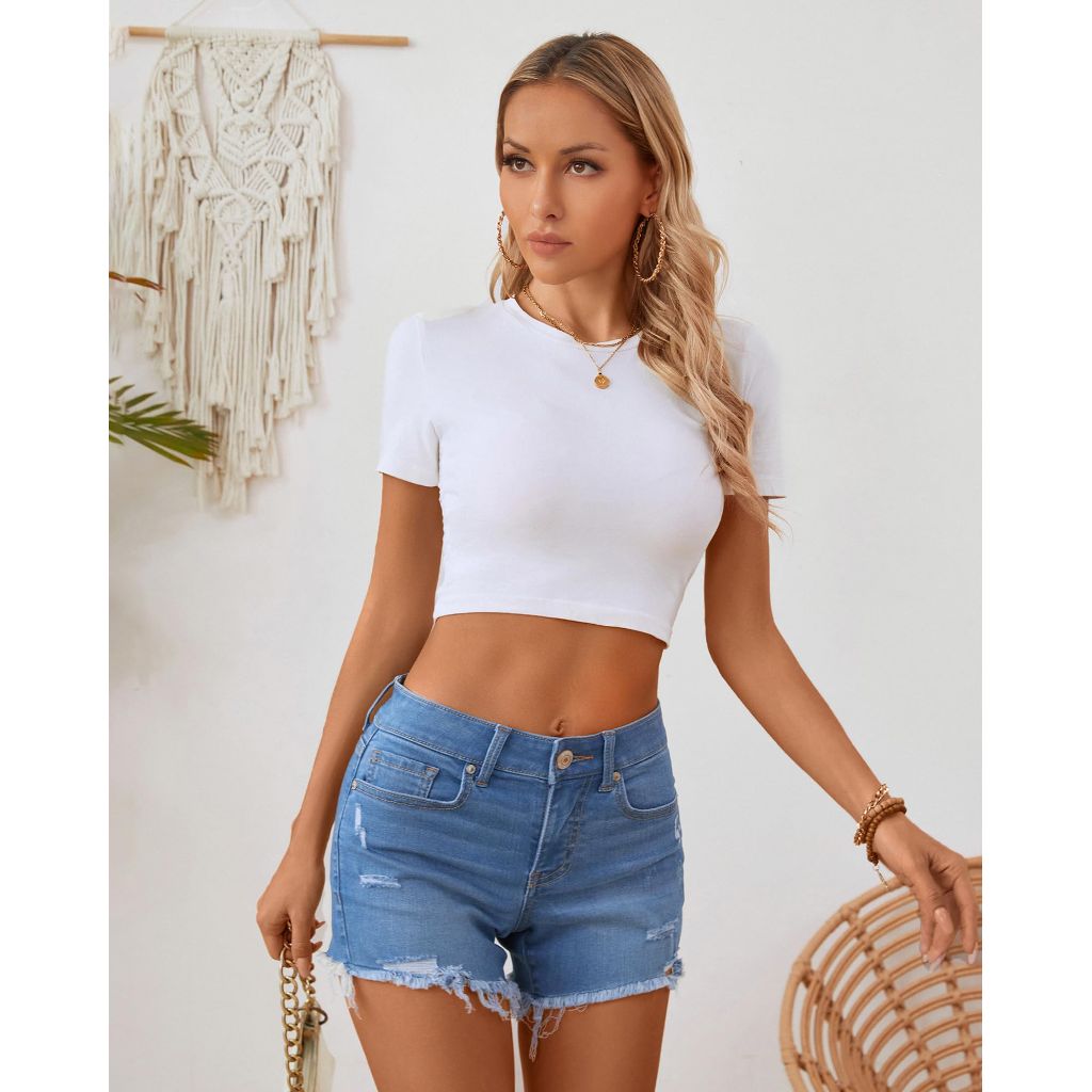 OFLUCK Women's High Waisted Ripped Frayed Raw Hem Stretch Denim Shorts - Size 2
