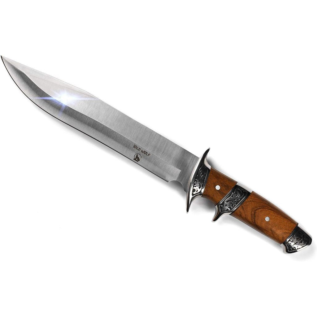 Wild Wolf X42 Survival Camping Fishing Fixed Semi-Full Tang Blade Hunting Knife with Rosewood Handle and Leather Sheath