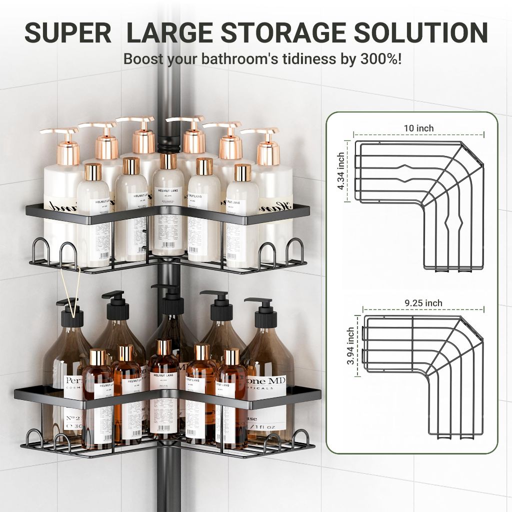 ViviDreamore Corner Shower Caddy Tension Pole, 4-Tier Stainless Steel Rustproof Bathroom Shower Organizer，47-114Inch Height Adjustable Shower Shelves, No-Drill Required Black