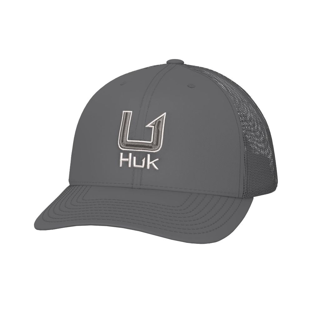 HUK Mens Trucker Hat, Anti-Glare Snapback Fishing Hat for Men, Filled Barb - Volcanic Ash, One Size