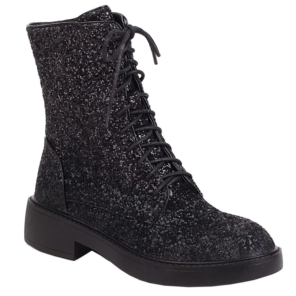 YIYA Women's Black Sparkly Glitter Sequin Combat Boots Round Toe Chunky Low Heel Side Zipper Lace Up Ankle Flat Booties
