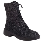 YIYA Women's Black Sparkly Glitter Sequin Combat Boots Round Toe Chunky Low Heel Side Zipper Lace Up Ankle Flat Booties