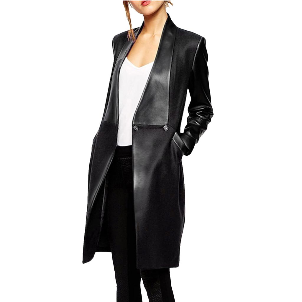 Xxxiticat Women's Faux Leather Blazer Coat - Long Sleeve, Lapel Collar, Double Breasted, Windbreaker Trench Coat (Black, M)