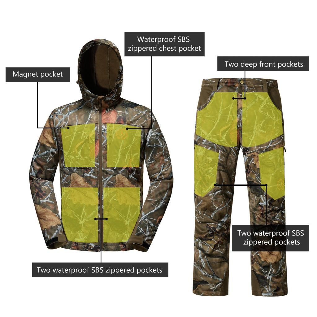 BASSDASH Men’s Insulated Hunting Hoodie Jacket and Pants Suit Softshell Camo Quiet Water Resistant Fleece-Lined Warm Coat