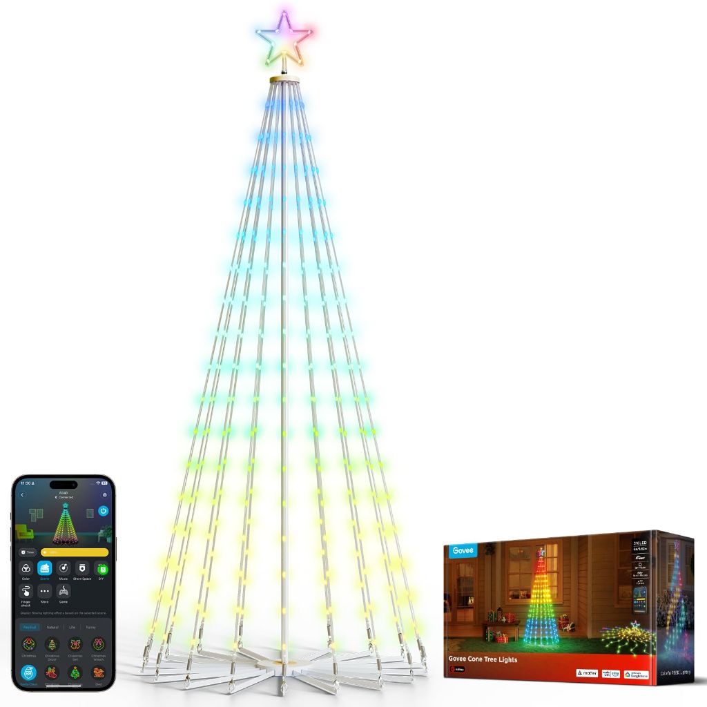 Govee Christmas Cone Tree Lights, 6ft 316 LEDs RGBIC Christmas Tree Lights with Smart App Control, IP67 , White Stand