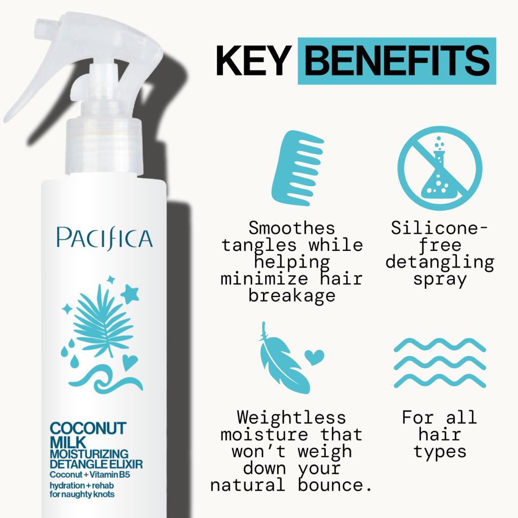 Pacifica Coconut Milk Hair Detangler Spray – Leave-In Conditioning Elixir for Tangle-Free Hair - 207mL