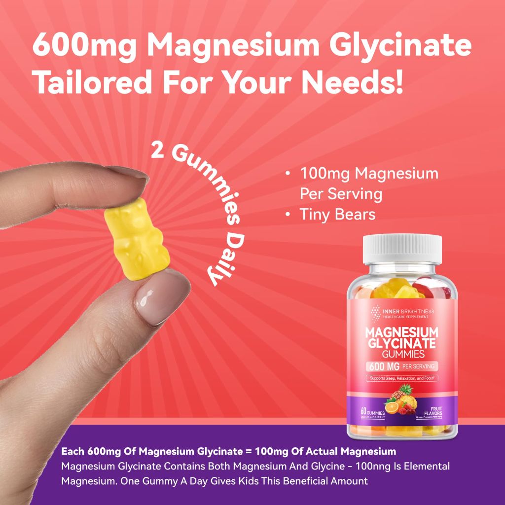Magnesium Glycinate Gummies 600mg, Non-GMO, Gluten-Free | 3 in 1 Flavor, 60 Count