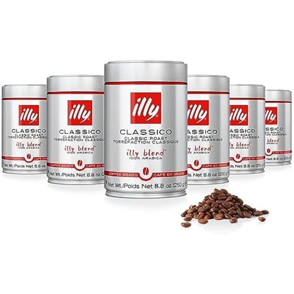 Illy Whole Bean Coffee, Classico Medium Roast - Mild & Balanced - 100% Arabica - Whole Beans - Pressurized Packaging Sealed for Freshness - 8.8oz can (Pack of 6)