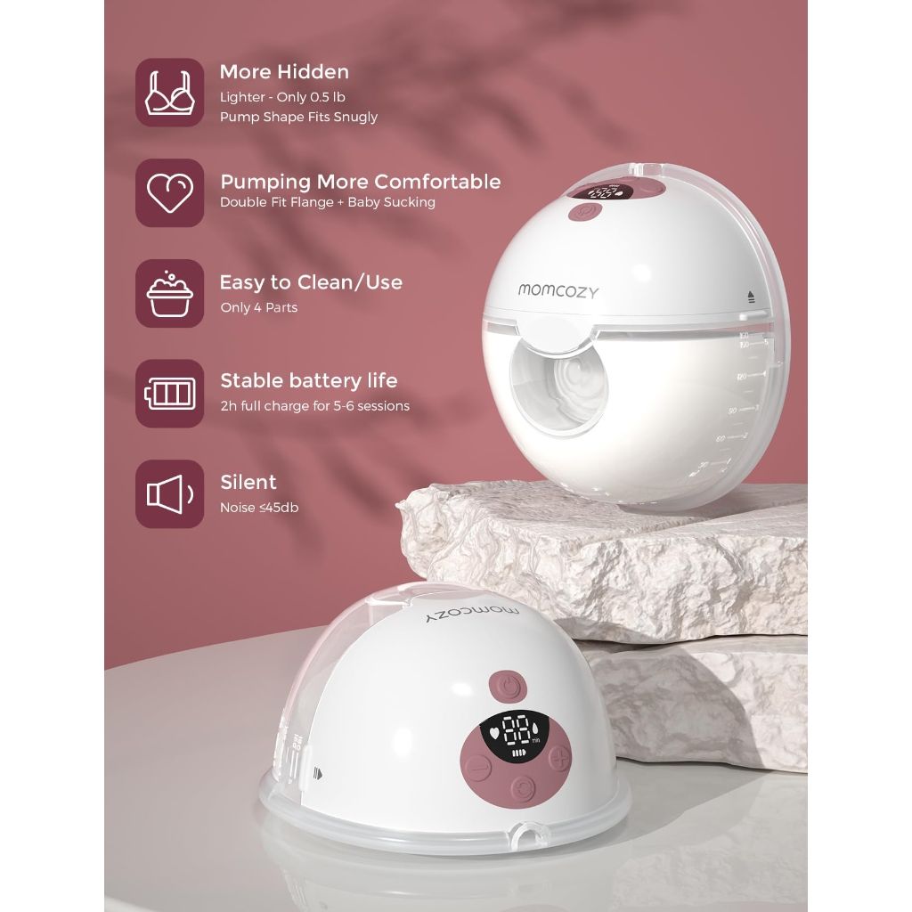 Momcozy M5 Hands-Free Wearable Breast Pump, 3 Modes & 9 Suction Levels, Portable Electric Pump – 24mm, 2pk Cozy Red