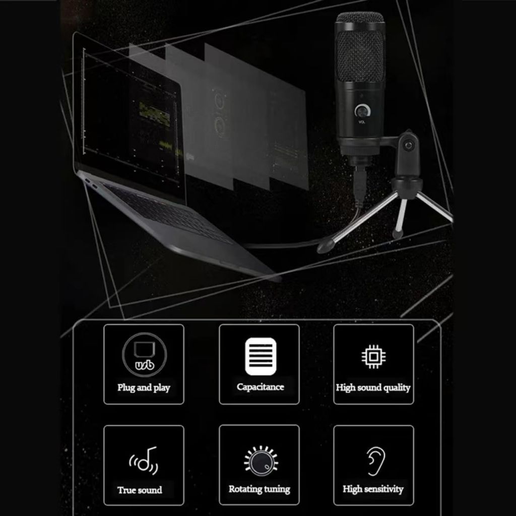 Yinmei USB Microphone,Metal Multipurpose Condenser Microphone with Tripod Stand for Streaming - Black