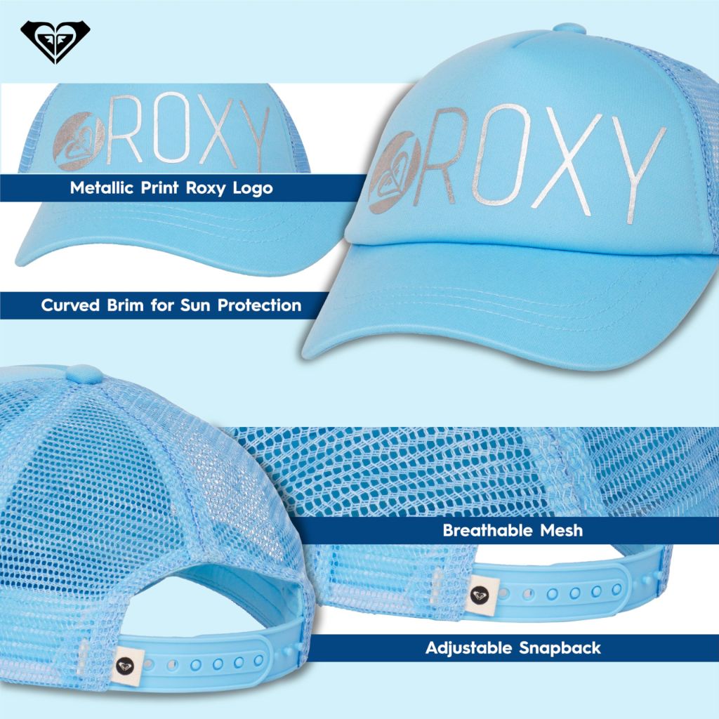 Roxy Girls Trendy Trucker Baseball Hat with Colorful Reggae Town Design, Adjustable Snapback, Breathable Mesh, and Durable Material, Baltic Sea, One Size
