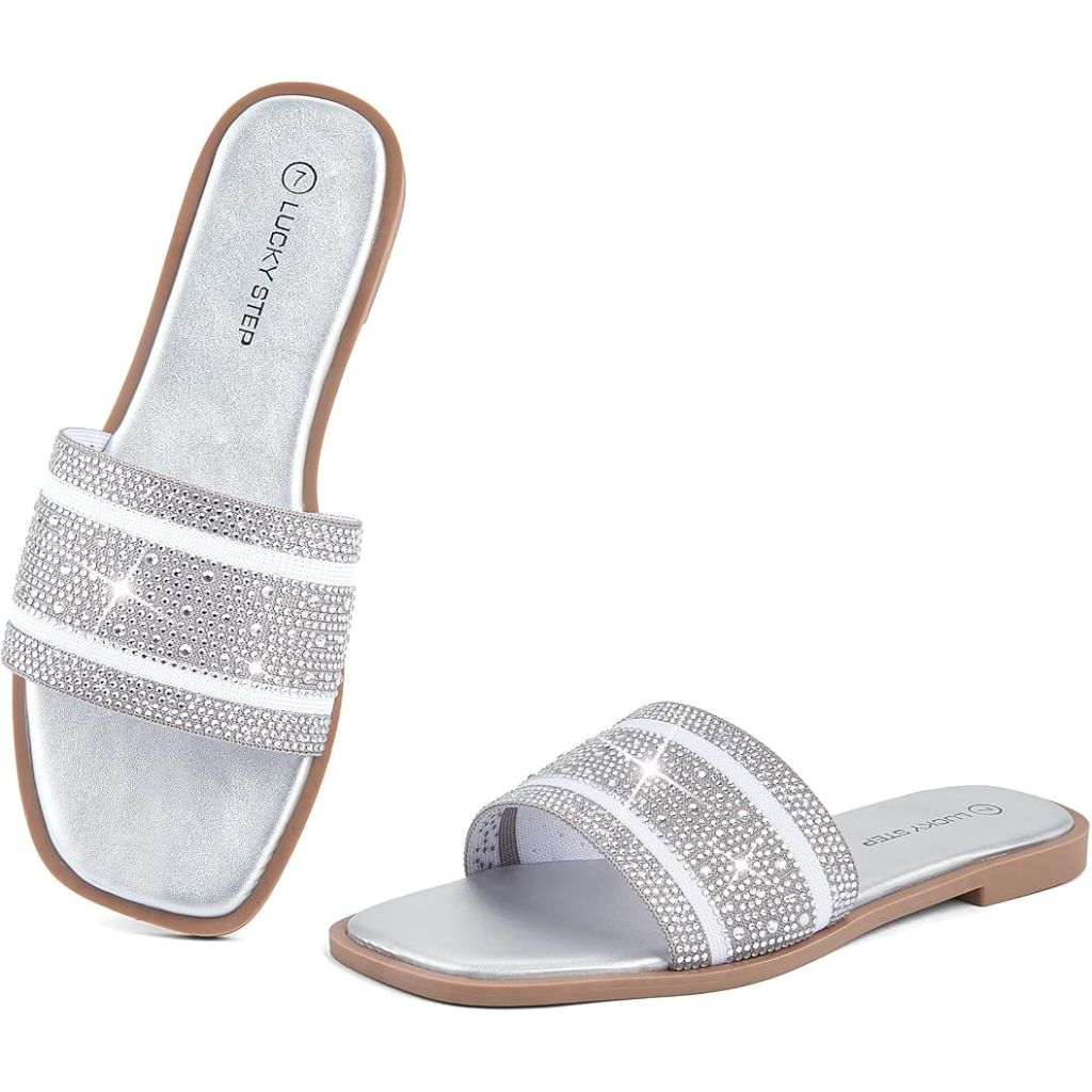 LUCKY STEP Women's Rhinestone Flat Sandals Square Open Toe, Silver, 7