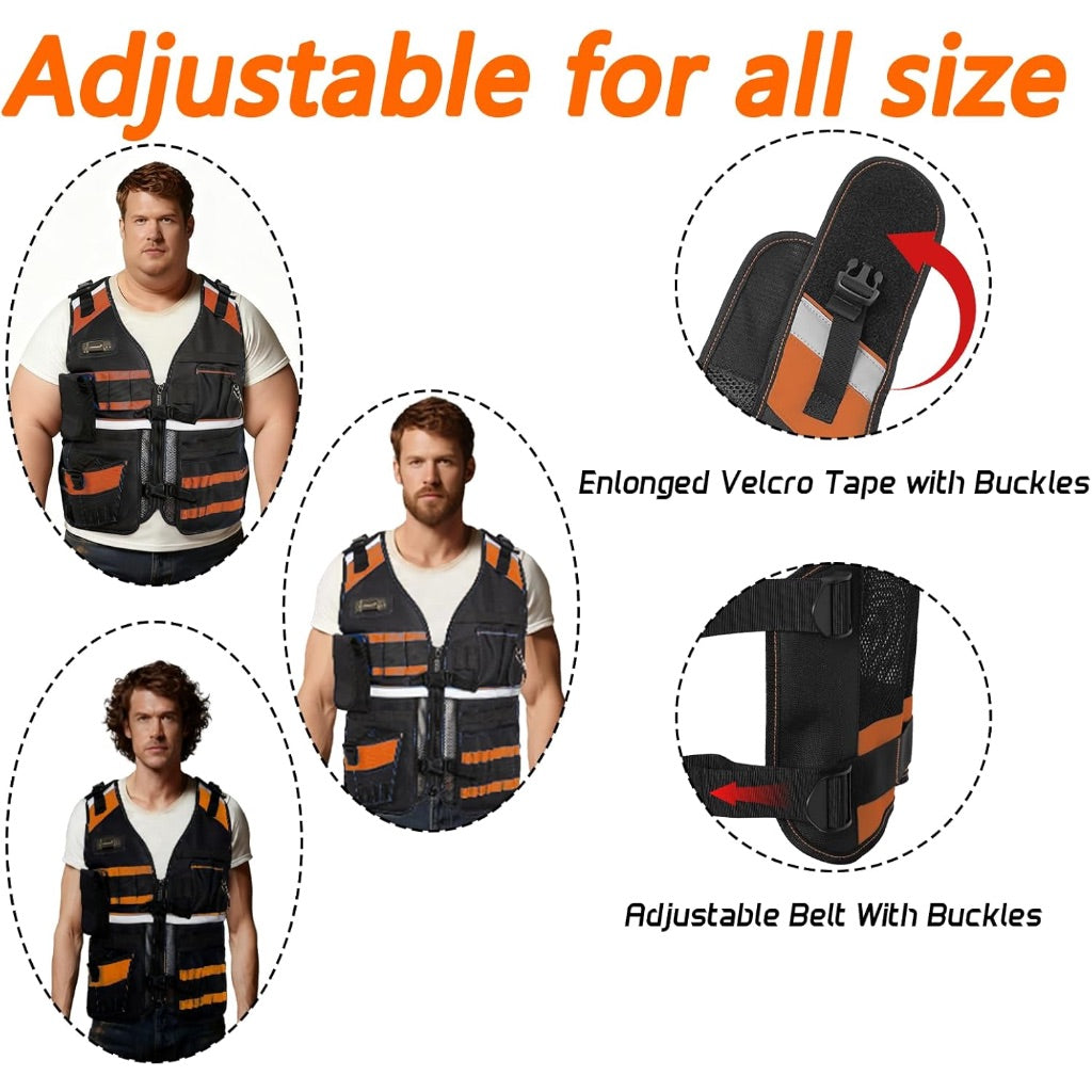 Electrician Tool Vest, Reflective Safety Work Vest with Adjustable Thick Straps, 22 Pockets