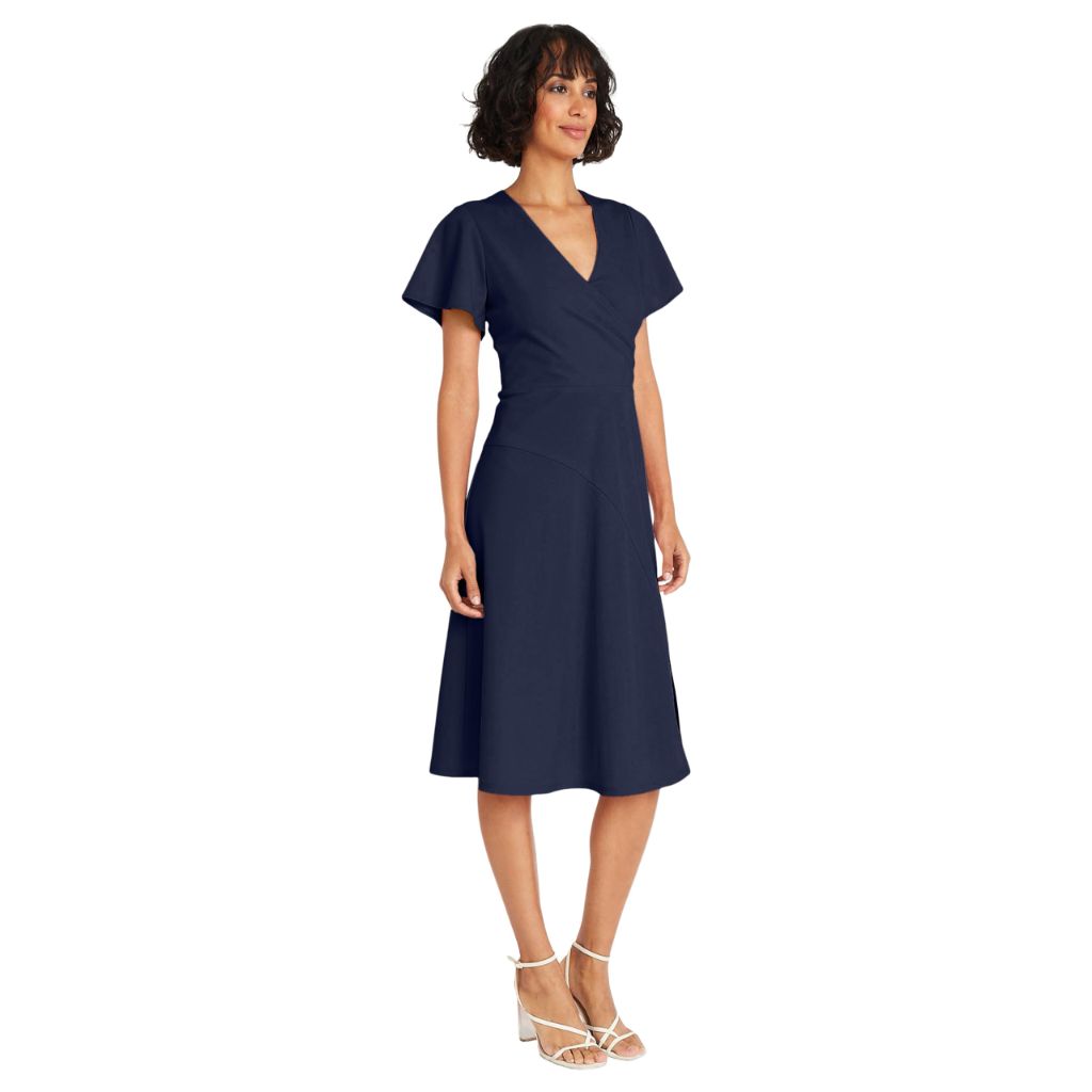 SZ 2, Maggy London Women's Dresses Faux Wrap V-Neck Flutter Sleeves Cocktail Dress for Women | Navy Blazer