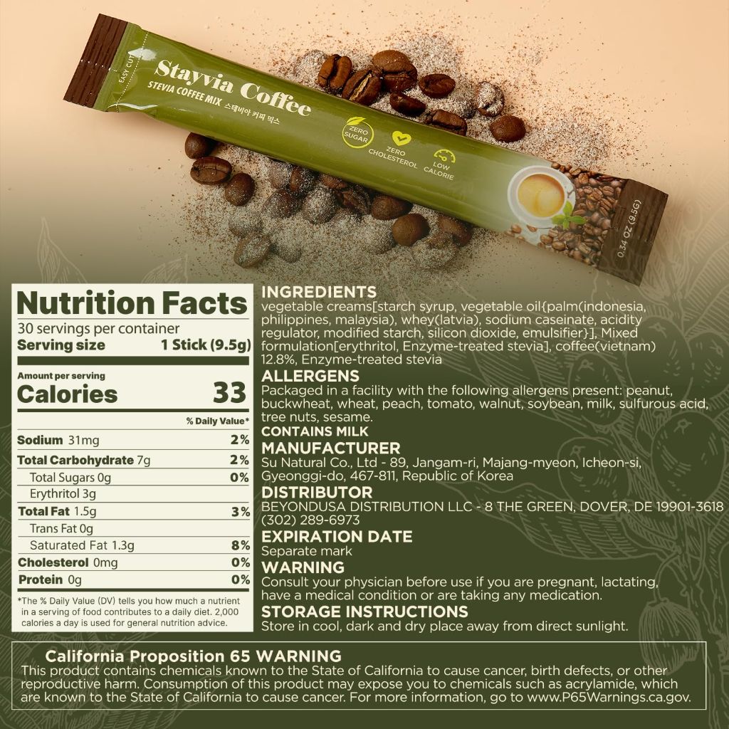 STAYVIA COFFEE Stevia Instant Coffee Packets - Korean Instant Latte with Sugar-Free & Low Calories - 30 Sticks (0.33oz)