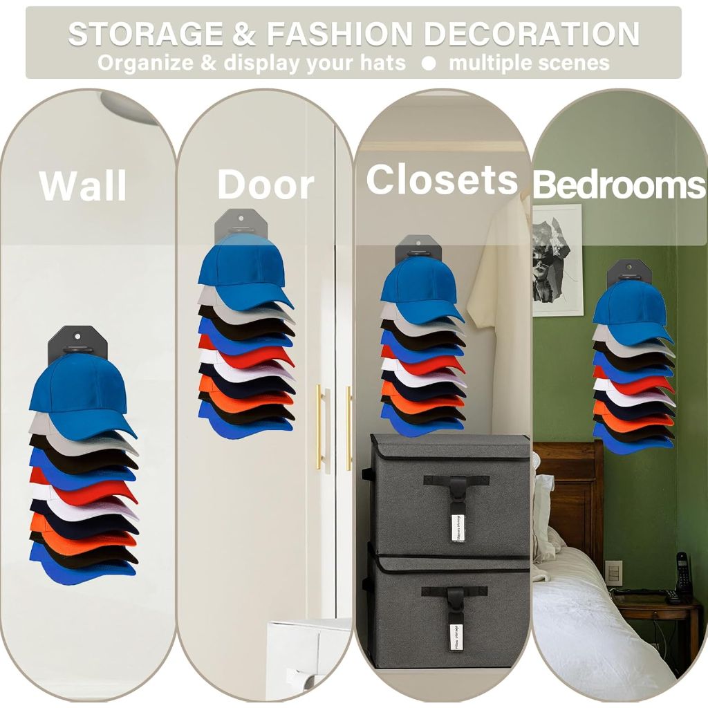 Cap Rack Hat Organizer for Wall, Door, Closet - Holds 10 Hats