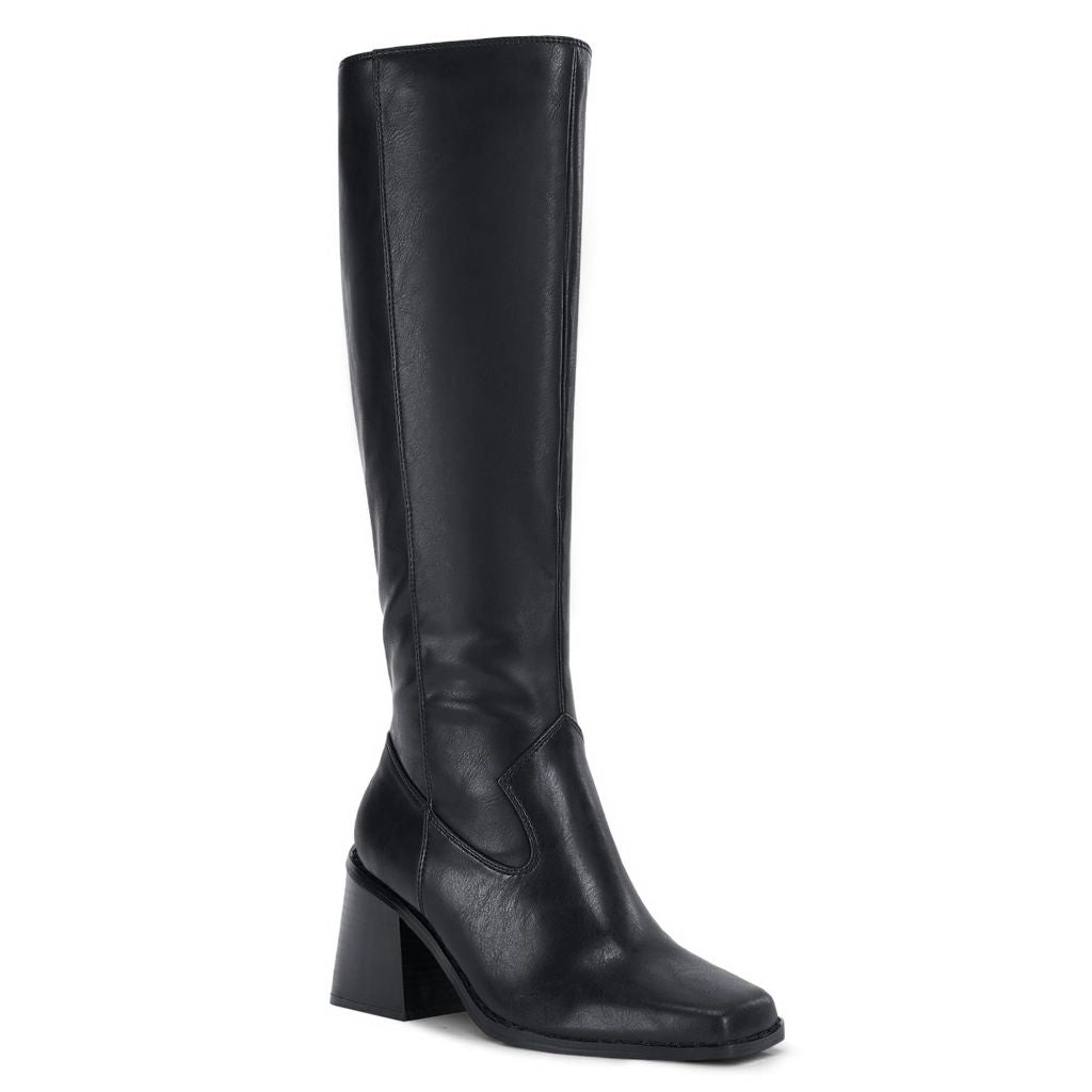 Coutgo Women's Knee High Boots Wide Calf Square Toe Chunky Heeled Pull-on Boot, Black, Size 8.5