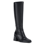 Coutgo Women's Knee High Boots Wide Calf Square Toe Chunky Heeled Pull-on Boot, Black, Size 8.5