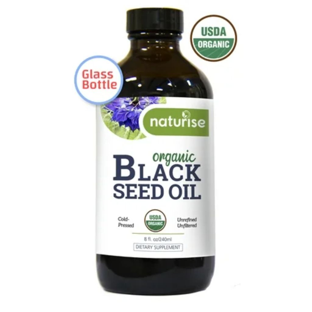 Naturise Black Seed Oil Organic Cold Pressed, Black Cumin Seed Oil Nigella Sativa GLASS BOTTLE (8 oz) Source of Essential Fatty Acids, Omega 3 6 9, Antioxidant for Immune Boost, Joints, Skin, & Hair