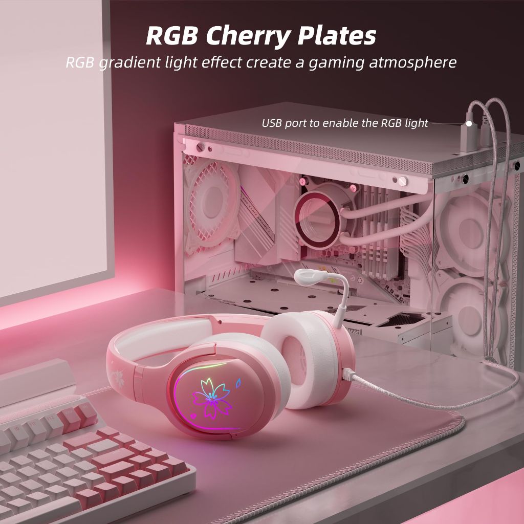 Mytrix Cherry Blossoms Wired Gaming Headset, 360° Rotation Mic, Soft Earmuff Gaming Headphones for PS4, PS5, PC & MAC, Switch, RGB Gradient Light Effect