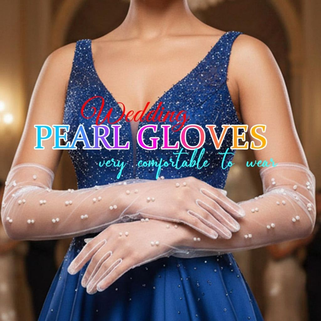 Casdre Elbow Length White Tulle Gloves w/ Pearls