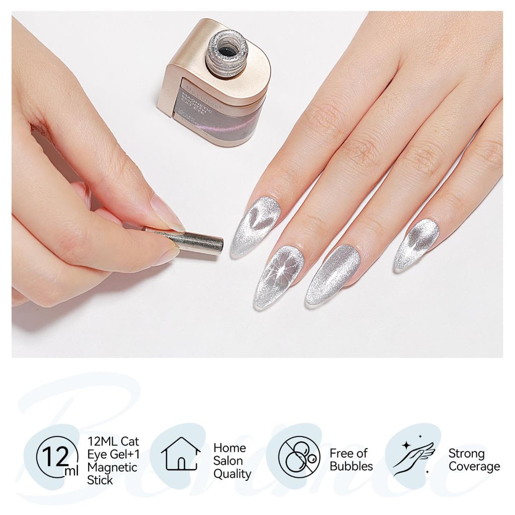Bevimee Cat Eye Gel Nail Polish, Silver Glitter Magnetic, 12ML