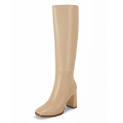 SZ 9, Coutgo Women's Wide Calf Knee High Boots Leather Shoes with Side Zipper, Khaki