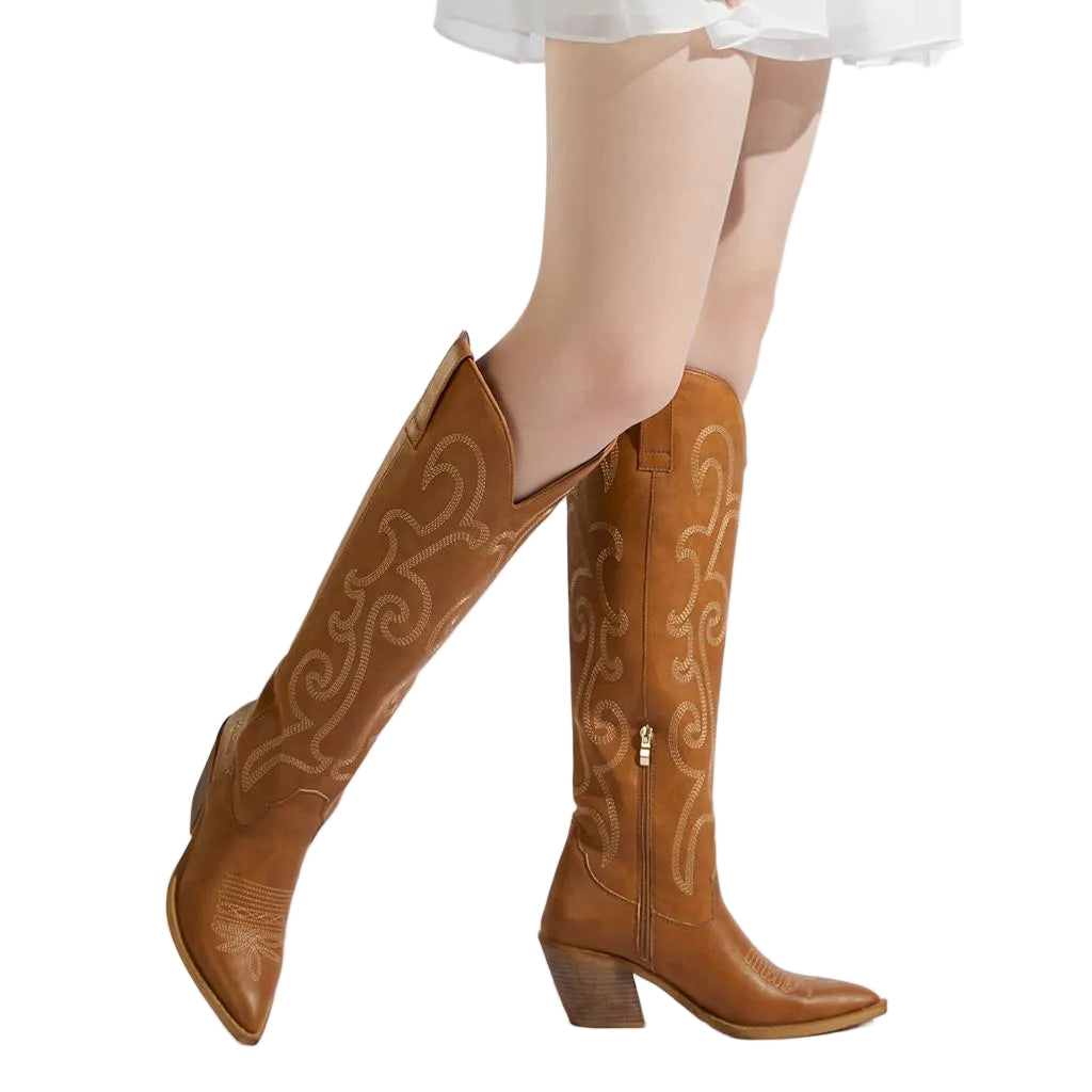 Rollda Cowboy Boots for Women, Brown - size 9
