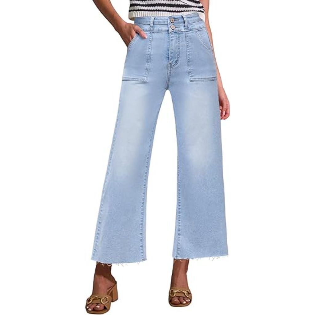 Allimy Womens Jeans Tie Drawstring Belted High Waisted High Rise Pettie Frayed Hem Baggy Mom Ankle Stretchy Straight Leg Capri Pants for Women Trendy 2025 Denim Wide Leg Jeans Woman Light Blue Size 4